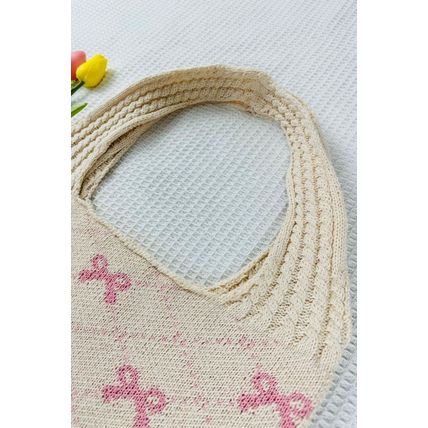 Beige Sweet Bowknot Textured Strap Knit Shoulder Bag