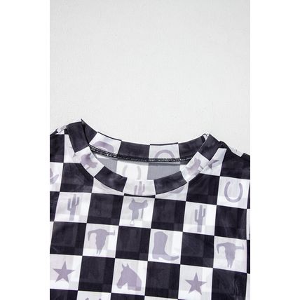 Black Checkerboard Western Elements Printed Mesh Long Sleeve Top