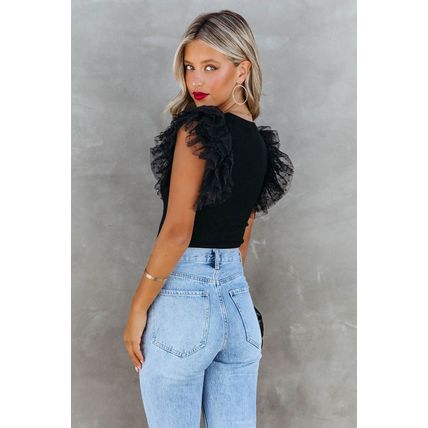 Black Dotty Mesh Ruffle Sleeve Ribbed Knit Top