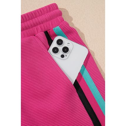 Strawberry Pink Striped Detail Flutter Sleeve Zipped Collar Short Set