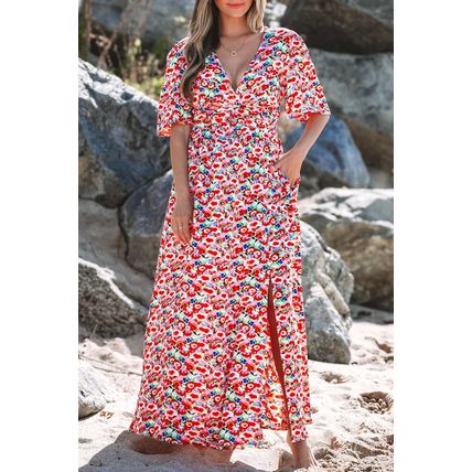 Red Floral Half Sleeve Deep V Neck Cutout Back Split Maxi Dress