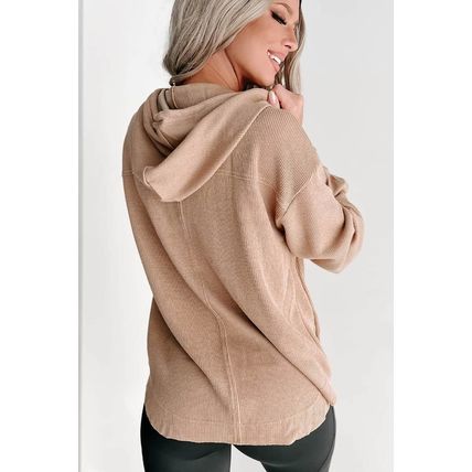 Khaki Buttoned V Neck Drawstring Knit Hoodie