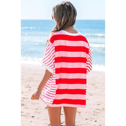 Pink Stripe Patchwork Round Neck Side Split Loose T Shirt