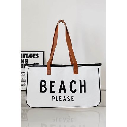 Bright White BEACH PLEASE Print Large Canvas Tote Bag