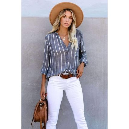 Blue Striped V Neck Pocket Long Sleeve Top
