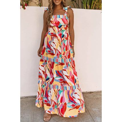 Multicolor Abstract Print Striped Trim Maxi Sundress