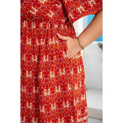Orange Plus Size Printed Surplice Neck Empire Waist Flowy Mini Dress