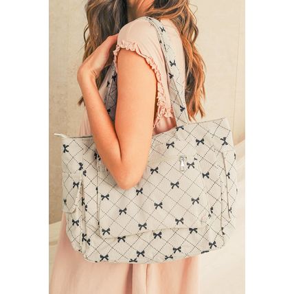 White Bow Knot Plaid Print Large Tote Bag