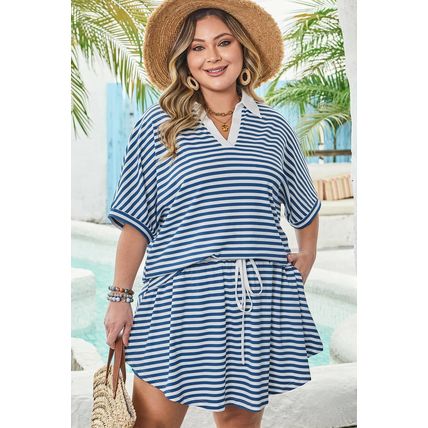 Blue Stripe Short Sleeve Collared V Neck Top Plus Size Short Set