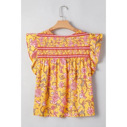 Yellow Floral Notched Neck Ruffled Sleeve Casual Blouse