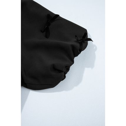 Black Bow Decor Puff Sleeve Split Neck Blouse