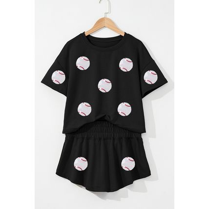 Black Baseball Print Skort Set