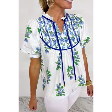 Beige Floral Print Piping Trim Tie Neck Short Sleeve Blouse