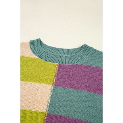 Green Stripe Drop Shoulder Ribbed Edge Casual Sweater