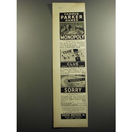 1952 Parker Brothers Games Advertisement - Monopoly, Clue, Sorry