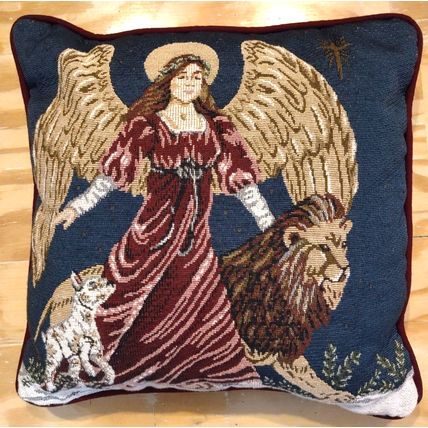 Portifino Heavenly Angel Lion & Lamb Tapestry Couch Pillow Solid Back Christmas