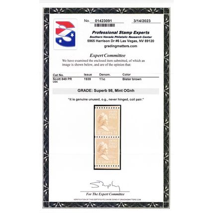 849, Mint Superb NH Coil Pair - With Graded 98 PSE Certificate - Stuart Katz