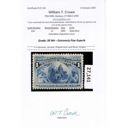 230, Mint XF/Superb NH 1¢ With Graded 95 Certificate - Stuart Katz