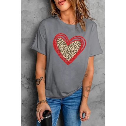 Gray Sequin Leopard Heart Graphic T-shirt