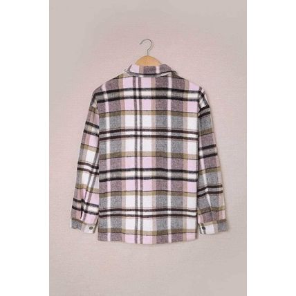 Pink Geometric Plaid Print Pocketed Shirt