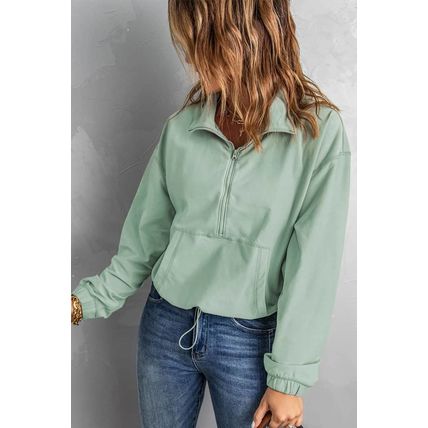 Green Zip Front Pocketed Pullover Sweatshirt