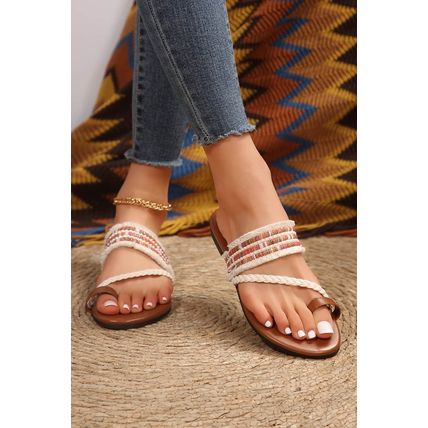 White Beaded Embroidered Braided Strap Thong Slippers