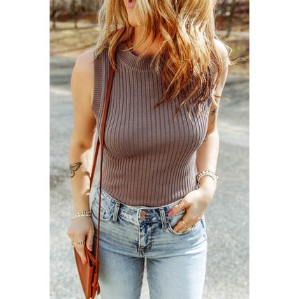 Smoke Gray Ribbed Crew Neck Sweater Vest