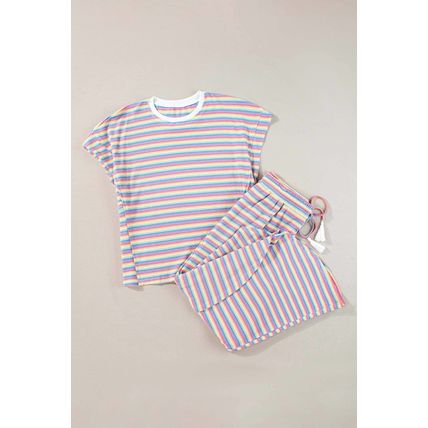 Pink Stripe Rainbow Tee Tasseled String Wide Leg Pants Set