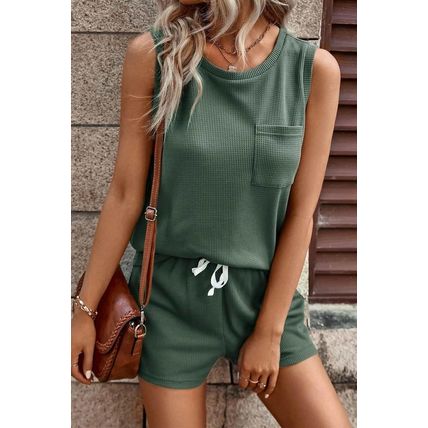 Mist Green Waffle Knit Patched Pocket Tank and Drawstring Shorts Set