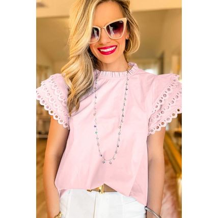 Light Pink Layered Ric Rac Cap Sleeve Frilled Neck Blouse
