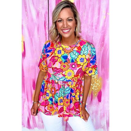 Rose Floral Print Short Sleeve Pleated Babydoll Top