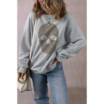 Light Grey Rhinestone Skull Graphic Drop Shoulder Sweatshirt