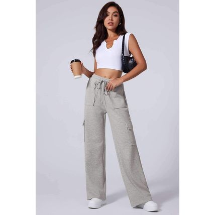 Light Grey Multi Pockets Lace-up High Waist Wide Leg Workout Pants