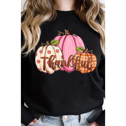 Black Pumpkin Thankful Drop Shoulder Thanksgiving Pullover Sweatshirt