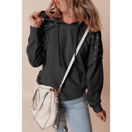 Black Solid Color Rivet Stud Raglan Sleeve Hoodie with Pocket