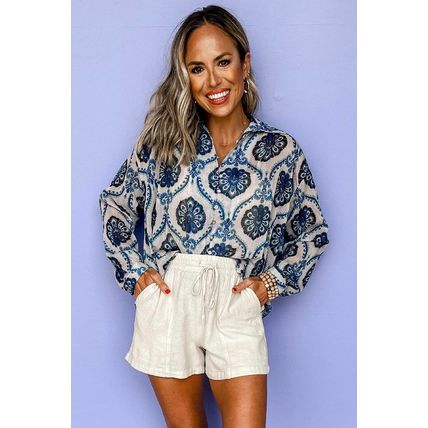 Blue Tribal Pattern Buttoned Front Loose Shirt