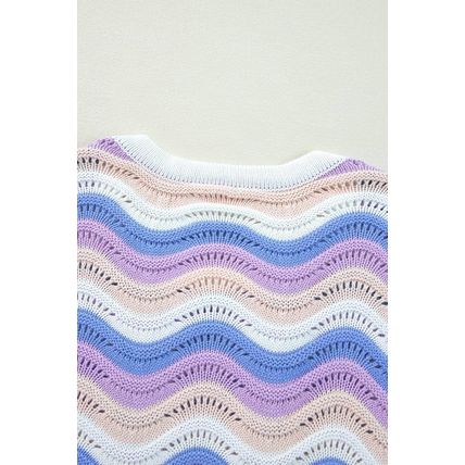 Purple Stripe Wavy Pointelle Knit Drop Shoulder Sweater