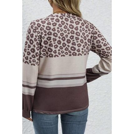 Coffee Plus Size Leopard Striped Long Sleeve Crew Neck Top