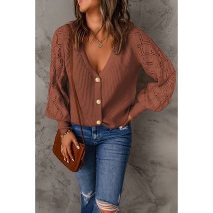 Red Bishop Sleeve Button V Neck Cardigan Sweater