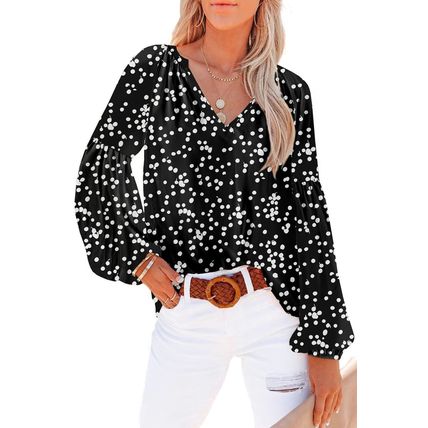 Black Floral Print V Neck Long Puff Sleeve Top