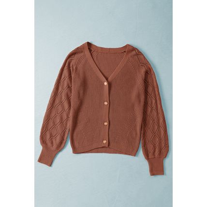 Red Bishop Sleeve Button V Neck Cardigan Sweater