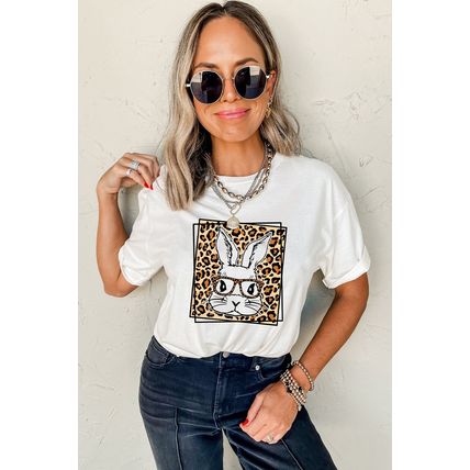 White Leopard Cute Bunny Graphic Crewneck Easter Tee