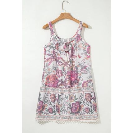 Multicolour Floral Print Fringed Tie U Neck Sleeveless Mini Dress