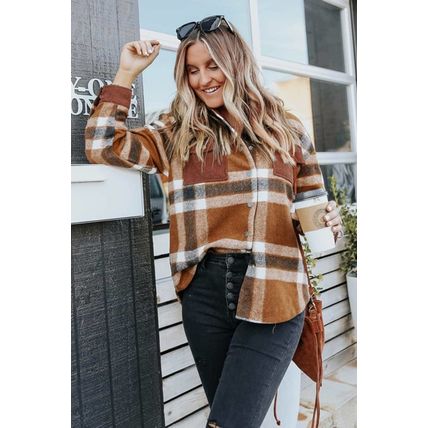 Brown Pocketed Buttoned Plaid Shirt Jacket