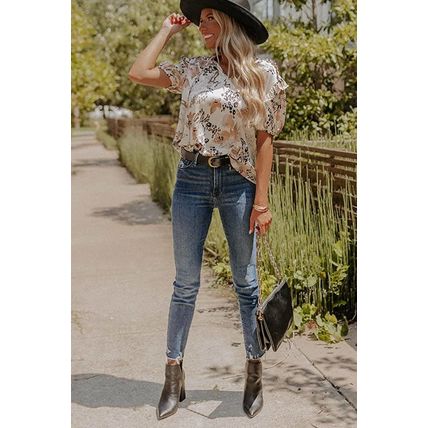 Gold Leopard Floral Print Split Neck Puff Sleeve Blouse