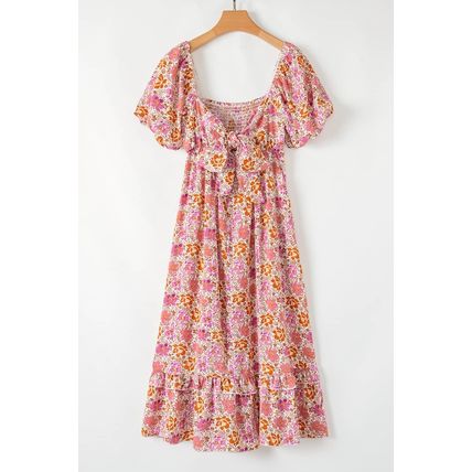 Pink Floral Square Neck Knotted Ruffle Midi Dress