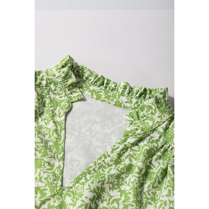 Light Green Floral Ruffle Puff Short Sleeve Frilled Collar V Neck Blouse