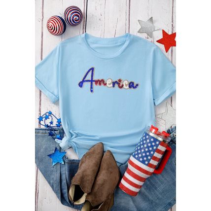 Light Blue Sequin America Graphic Crewneck Patriotic T Shirt