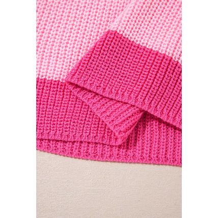 Pink Color Block Notch V Neck Sweater T Shirt