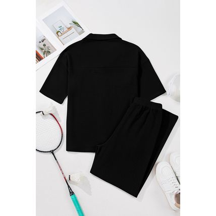 Black Solid Color Textured Buttoned Shirt and Casual Pants Set
